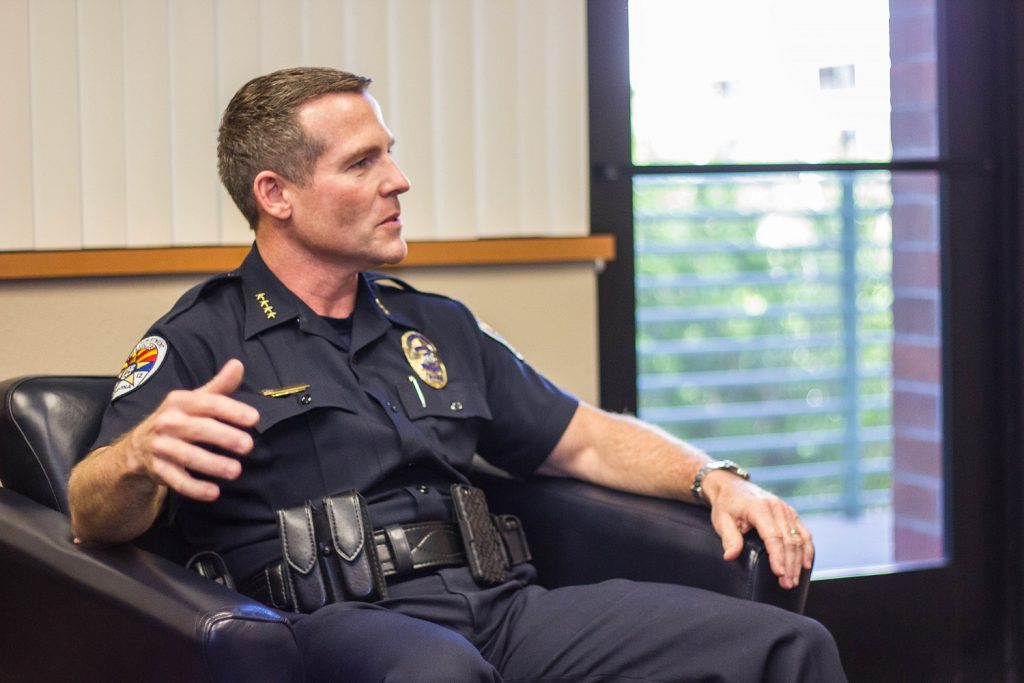 Chandler Chief of Police Sean Duggan sat down with Wrangler News to discuss the impact of social media and officer-involved shootings. (Wrangler News photo, Alex J. Walker)