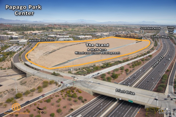 The 58-acre site where The Grand will be built is just minutes from Downtown Tempe, Downtown Phoenix and Sky Harbor International Airport. 