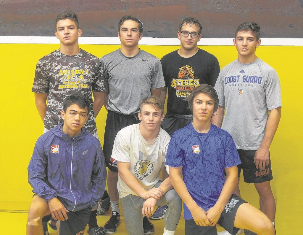 Corona has seven wrestlers competing at the ASICS National Championships in Fargo, N.D., July 16-23. Front row, from left: Cam Upshur, Cole Bernstein, Jacob Garcia Back: Vincent Dolce, Hunter Carmona, Nick Ruffalo, Brandon Konecny. — Photo courtesy Jim Martinez 