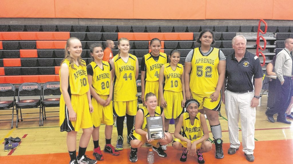 Bottom row, from left: Krysta Dohse, Tori Mason; Top row: Lenora Brower, Alexis Wolpert, Kayla McDonald, Kyleigh McCabe, Victoria Minjarez, Maya Peat, Coach Grimditch. Not pictured (the flue): Anisa McClain.