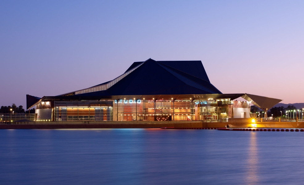 Tempe Center for Arts at dusk in front of Tempe Town Lake