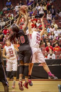 Christine Aguiar jumps for a steal in the D2 Championship game against Maricopa. [Billy Hardiman/Wrangler News]