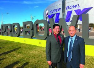 Chandler Regional Medical Center/Barrow Institute neurologists Drs. Javier Cardenas, left, and Taro Kaibara at pre-Super Bowl game. Photo courtesy Chandler Regional Medical Center